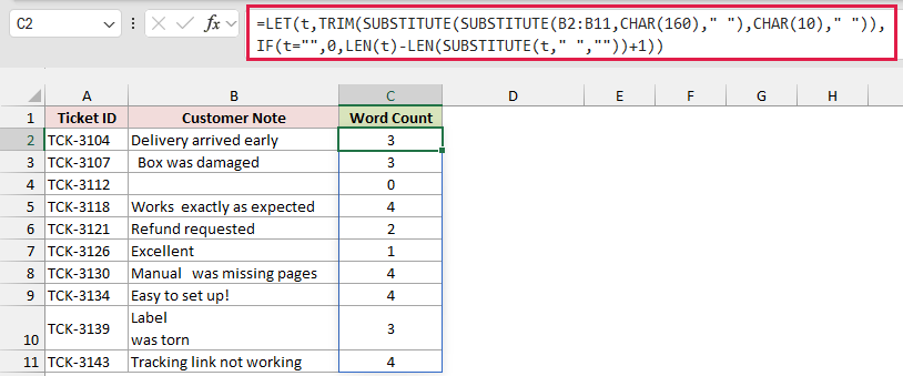 LET formula in C2 cleans line breaks and nonbreaking spaces and spills the right word counts