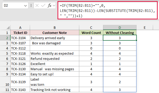 The Method 1 formula in D2 counts one word too few for the line-break and web-space notes