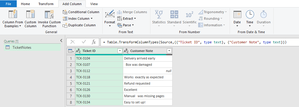 Custom Column on the Add Column tab of the Power Query Editor