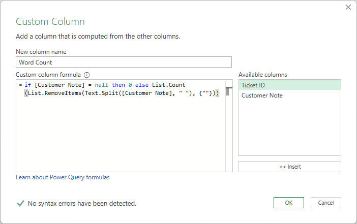 Custom Column dialog with the Word Count name and the word count formula