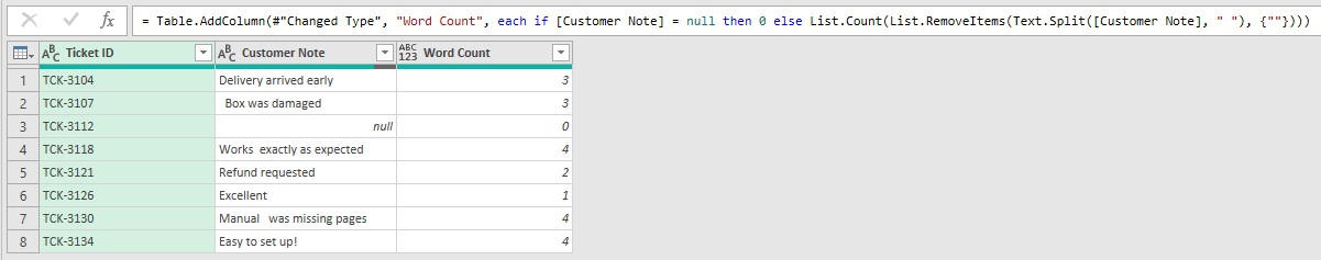 Power Query Editor preview with the new Word Count column