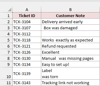 Ten customer notes including a line break and a nonbreaking space