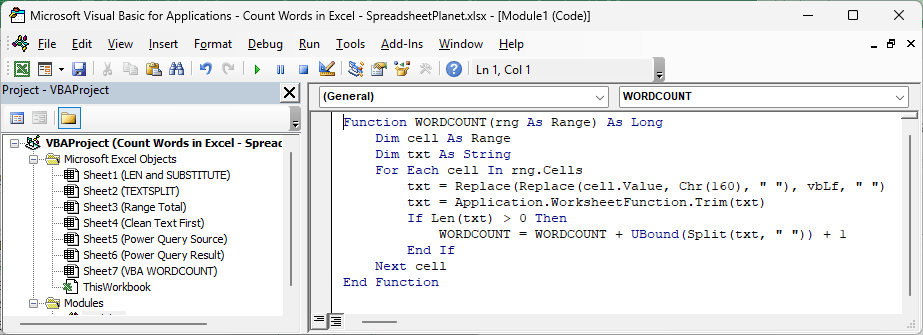 The WORDCOUNT function pasted into a new module in the VBA Editor