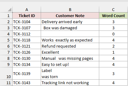WORDCOUNT returns the word count for each note, including the line-break and web-space notes