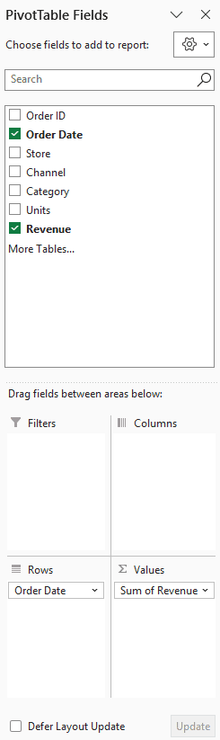 PivotTable Fields pane with Order Date in Rows and Sum of Revenue in Values