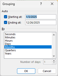 Grouping dialog with Months selected