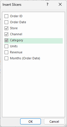 Insert Slicers dialog with Store, Channel and Category checked