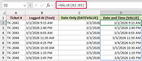 =VALUE(B2:B9) in D2
