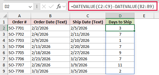 =DATEVALUE(C2:C9)-DATEVALUE(B2:B9) in D2
