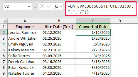 =DATEVALUE(SUBSTITUTE(B2:B9,".","/")) in C2