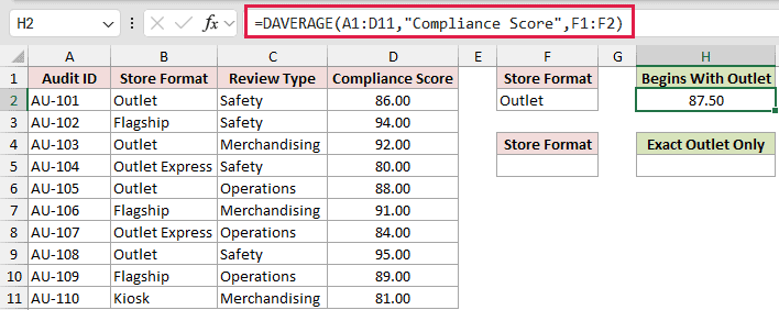 DAVERAGE example 1: =DAVERAGE(A1:D11,"Compliance Score",F1:F2)