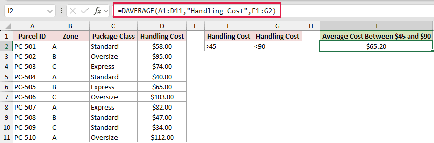 DAVERAGE example 4: =DAVERAGE(A1:D11,"Handling Cost",F1:G2)