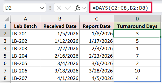 =DAYS(C2:C8,B2:B8) in D2