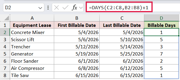 =DAYS(C2:C8,B2:B8)+1 in D2