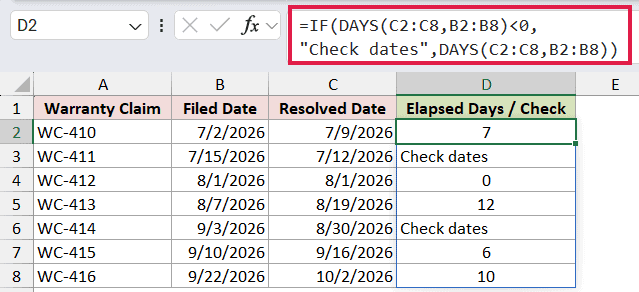 =IF(DAYS(C2:C8,B2:B8)<0,"Check dates",DAYS(C2:C8,B2:B8)) in D2