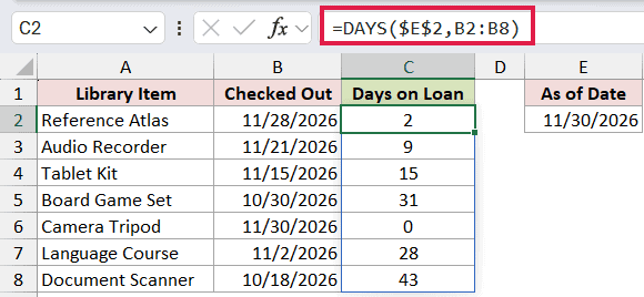 =DAYS($E$2,B2:B8) in C2