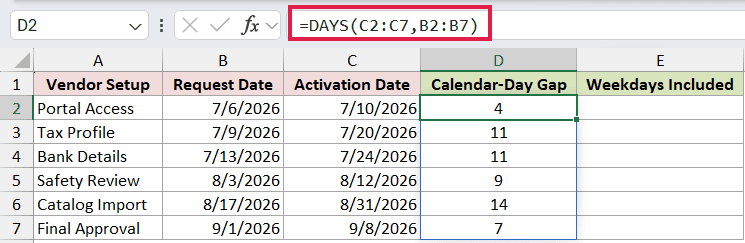 =DAYS(C2:C7,B2:B7) in D2