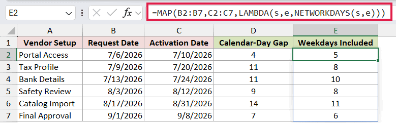 =MAP(B2:B7,C2:C7,LAMBDA(s,e,NETWORKDAYS(s,e))) in E2