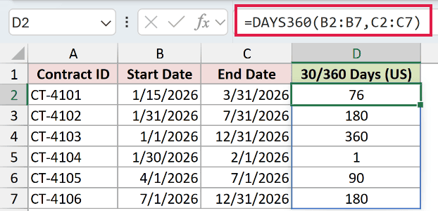 =DAYS360(B2:B7,C2:C7) in D2