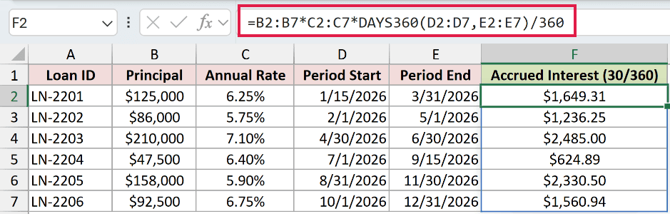 =B2:B7*C2:C7*DAYS360(D2:D7,E2:E7)/360 in F2