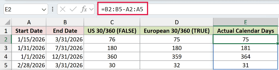 =B2:B5-A2:A5 in E2