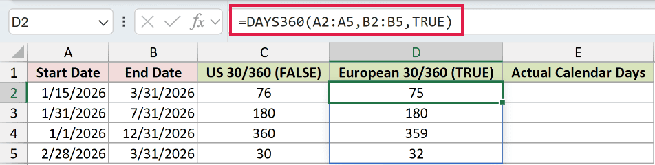 =DAYS360(A2:A5,B2:B5,TRUE) in D2