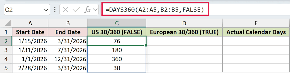 =DAYS360(A2:A5,B2:B5,FALSE) in C2