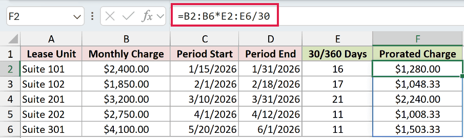 =B2:B6*E2:E6/30 in F2