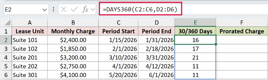 =DAYS360(C2:C6,D2:D6) in E2