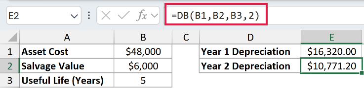 =DB(B1,B2,B3,2) in E2