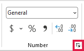 The small diagonal Dialog Box Launcher arrow in the bottom-right corner of the Home tab's Number group.