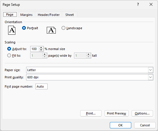 The Page Setup dialog, opened by both the Page Setup and Scale to Fit launchers on the Page Layout tab.