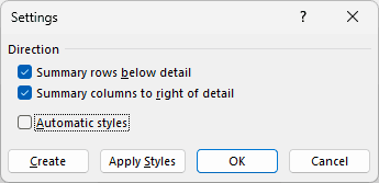 The Outline settings dialog opened from the Data tab's Outline group launcher.