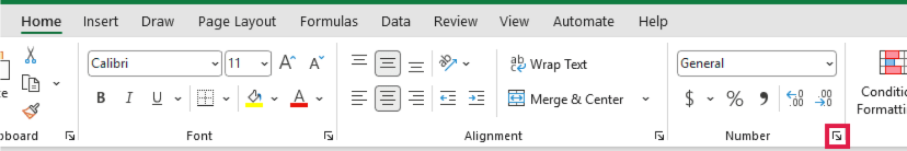 The launcher in the bottom-right corner of the Number group, highlighted on the full Home ribbon.