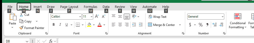 Pressing Alt shows KeyTip letters over the ribbon tabs.