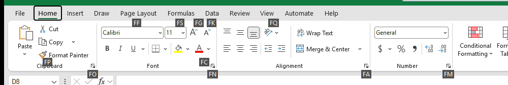 After Alt, H, the Home tab shows KeyTips including FM for the Number group launcher.