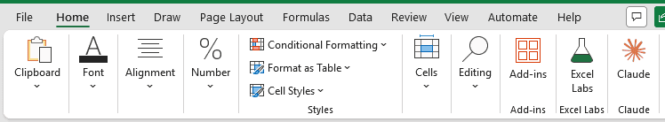 In a narrow Excel window, Font, Alignment and Number collapse into single drop-down buttons with no launchers.