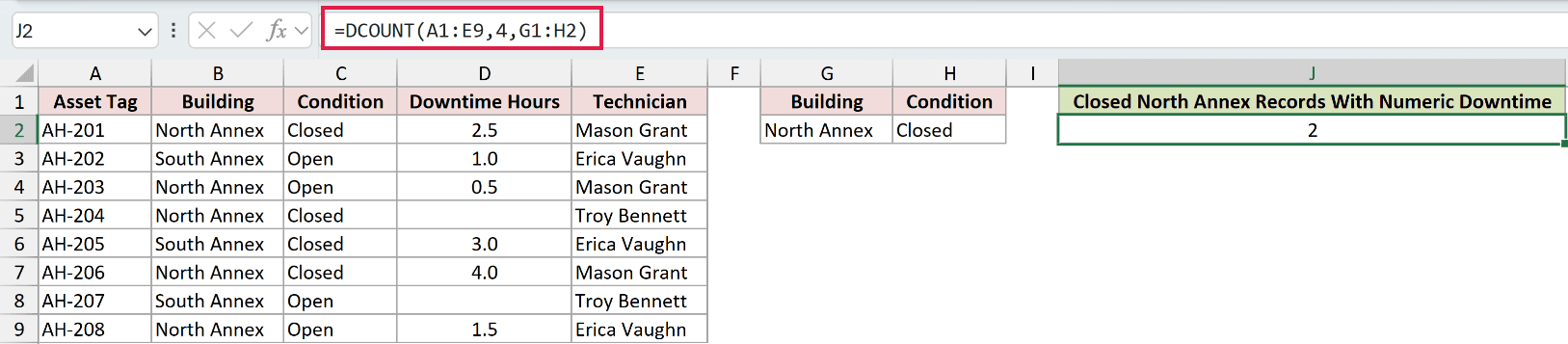 =DCOUNT(A1:E9,4,G1:H2) in J2