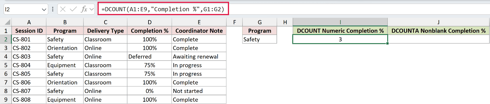 =DCOUNT(A1:E9,"Completion %",G1:G2) in I2