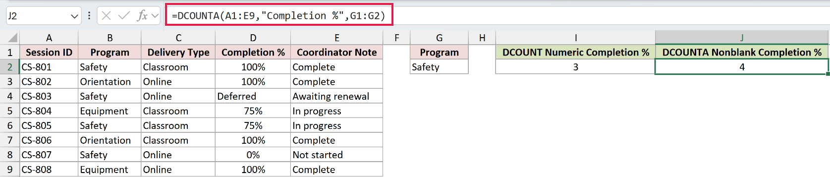 =DCOUNTA(A1:E9,"Completion %",G1:G2) in J2