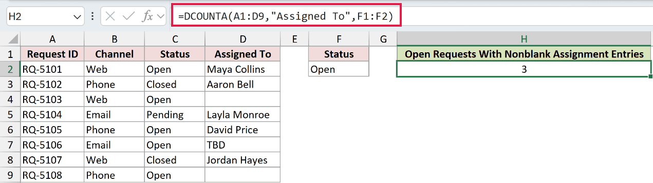 =DCOUNTA(A1:D9,"Assigned To",F1:F2) in H2
