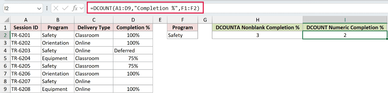 =DCOUNT(A1:D9,"Completion %",F1:F2) in I2
