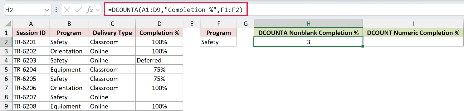 =DCOUNTA(A1:D9,"Completion %",F1:F2) in H2