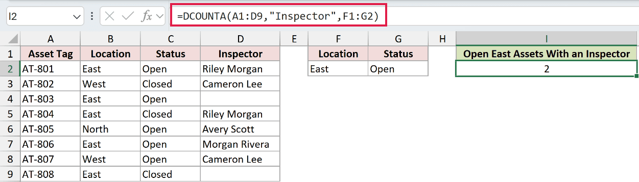 =DCOUNTA(A1:D9,"Inspector",F1:G2) in I2