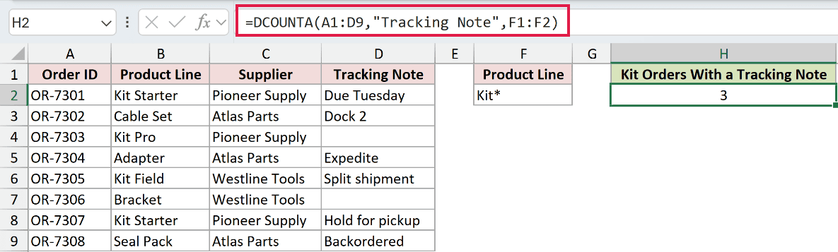 =DCOUNTA(A1:D9,"Tracking Note",F1:F2) in H2