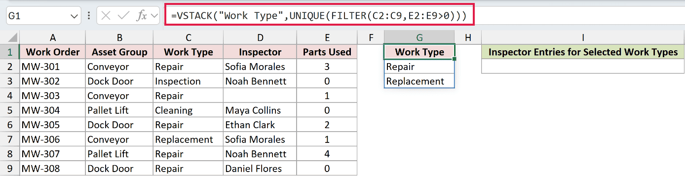 =VSTACK("Work Type",UNIQUE(FILTER(C2:C9,E2:E9>0))) in G1