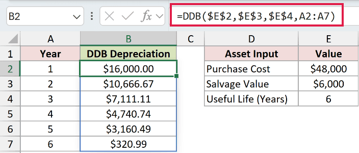 =DDB($E$2,$E$3,$E$4,A2:A7) in B2