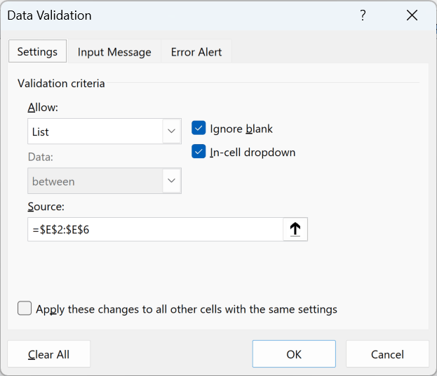 Data Validation Settings tab with Allow set to List, Source =$E$2:$E$6, and In-cell dropdown checked.