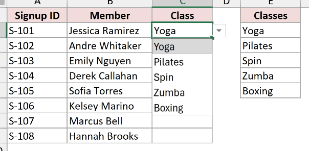 The Class drop-down in C2 open again, showing Yoga, Pilates, Spin, Zumba, and Boxing.