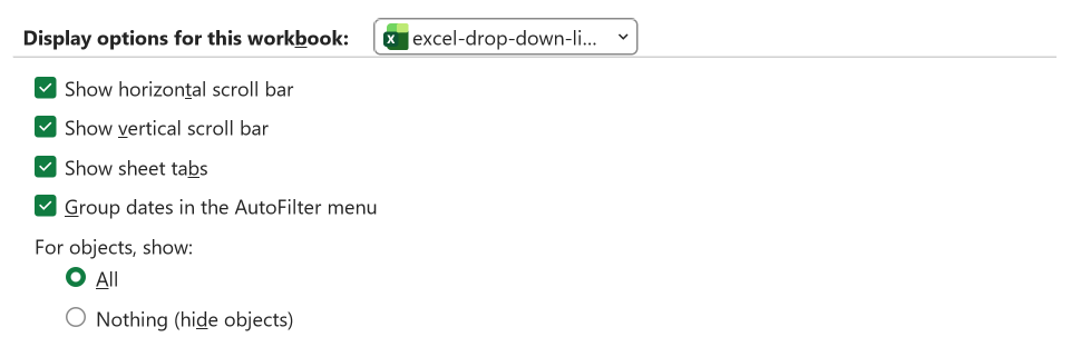 Excel Options Advanced, Display options for this workbook, with For objects, show set to All.
